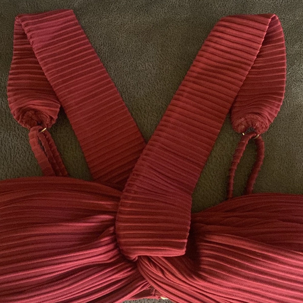 Burgundy Ribbed Cross-Back Bikini Top - Picture 2 of 4